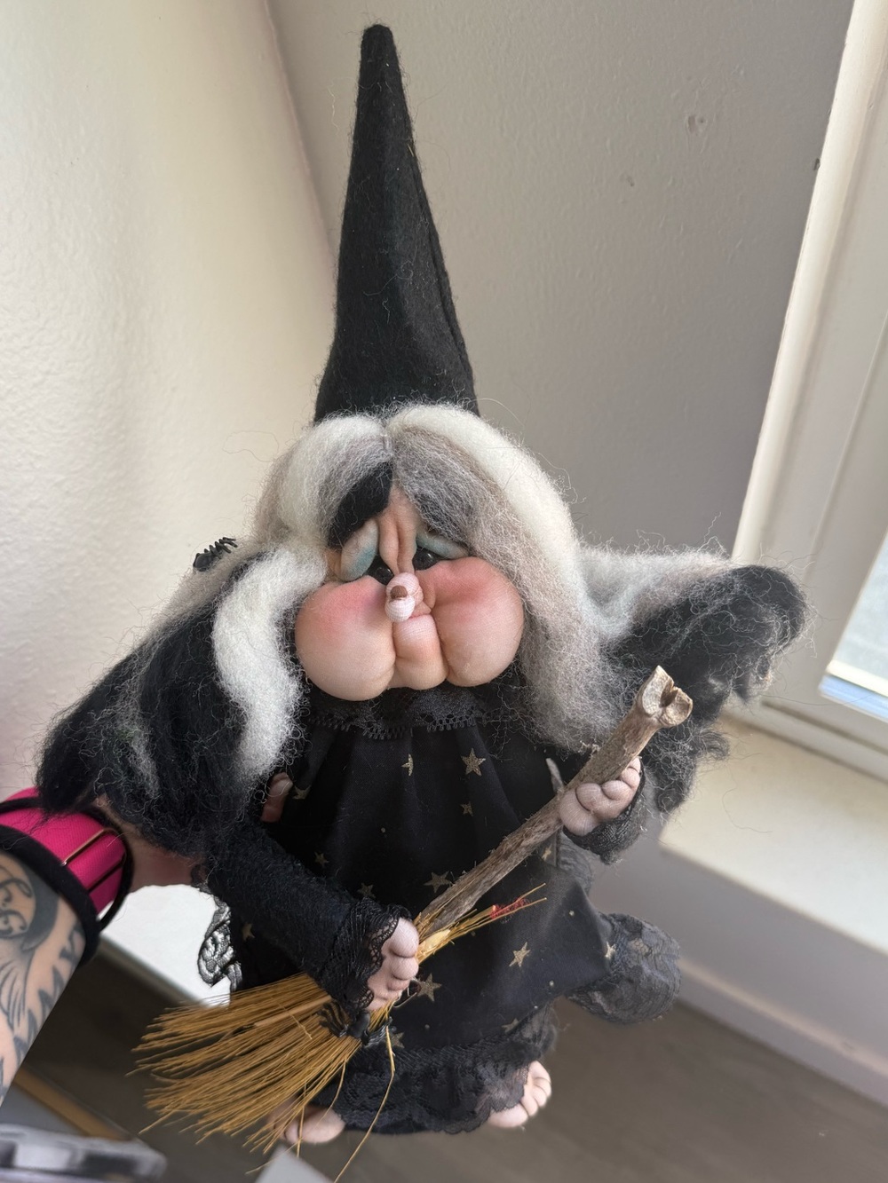 Vintage Spooky Cloth Witch With Broom & Spiders